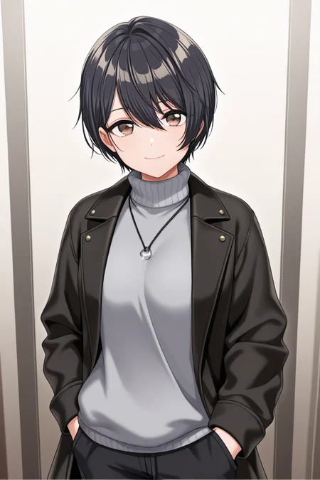 masterpiece, best quality, amazing quality,
<lora:Aoi_IL:1> aoi, 1girl, solo, black hair, sweater, jewelry, brown eyes, pants, black pants, necklace, hand in pocket, looking at viewer, short hair, turtleneck, black coat, open clothes, grey sweater, bangs, hair between eyes, long sleeves, turtleneck sweater, closed mouth, smile, casual