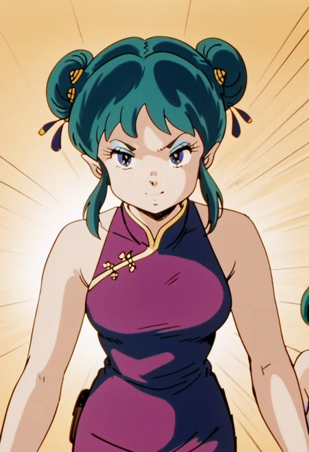 score_10, score_9, score_8_up, 1980's style, (drawn:1.1), (sketch:1.4), (crosshatching:1.25), (comic style:1.1), sharp lines, flat color, ((anime:1.4, illustration)), (absolutely resolution), ((16k, high res)), wallpaper, very detailed, (an extremely delicate and beautiful), (intense colors), (dramatic lighting), ((anime:1.4, illustration)), (absolutely resolution), ((16k, high res)), dark theme, low light, sharp, anime, anime style, score_anime, sharp lines, retro artstyle. anime screencap, lum, long hair, bangs, blue hair, blue eyes, horns, pointy ears, aqua hair, oni horns, eyeshadow, gorgeous girl, kawai girl, cute face, realistic skin texture, perfect anatomy, dynamic angle, detailed background, sexual undertones, sexual composition, pretty eyes, sexy body, narrow waist, wide hips, round ass, narrowed eyes, close up shot, detailed background, big breast, (photorealistic pinup:1.3), chinese clothes, double bun, green hair, hair bun, short hair, lum, sleeveless, china dress, sleeveless dress, alternate hairstyle, purple pants, purple shirt, bangs, pouch, eyelashes, bare shoulders, purple dress, hair ornament, fighting stance, squinted, near store, Expressiveh, 3m0t3, perfect hand, perfection feet, smug,