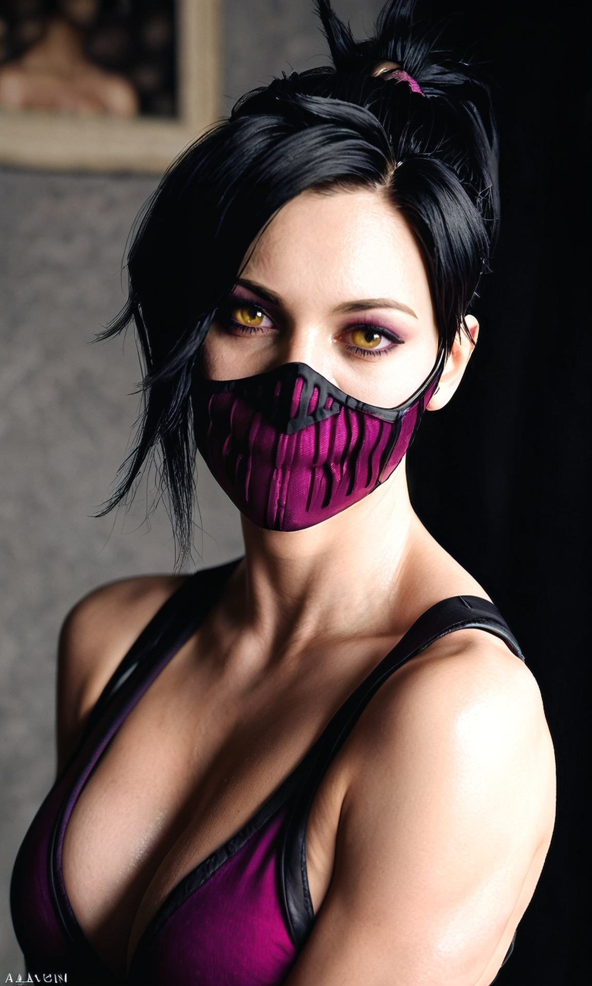 score_9, score_8_up, score_7_up, BREAK, zy_mileena, 1girl, black hair, yellow eyes, mouth mask, dark room, realistic, photo, real hair, detailed skin, highly detailed, detailed skin, depth of field, film grain, <lora:zy_Mileena_PonyRealism_v1:.7>