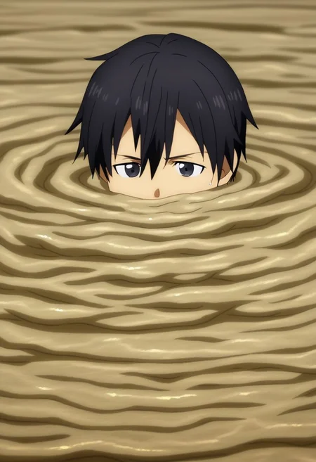 high resolution, professional photography, solo, best quality, 1Boy, Kazuto Kirigaya, Black Hair, Black Eyes, panicking, asking for help, trapped, quicksand, dying, OverallDetail