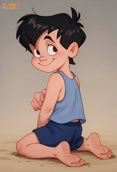 score_9, score_8_up, score_7_up, score_6_up, 1boy, solo, male, Neddiehugson, 1boy, solo,  black hair, short hair, black eyes, thin body, thin face, short stature, cute boy, big smile, shy, tank top, shorts, barefoot, from behind, looking back
