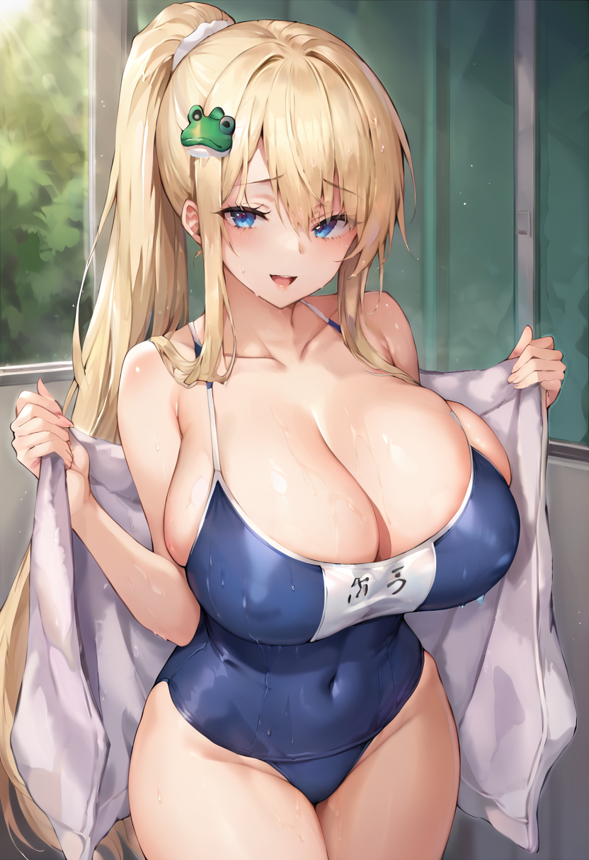 score_9, score_7_up,  1girl, 
huge breasts, wide hips, thick thighs, hair over one eye, frog hair ornament, purple one-piece swimsuit, very long hair, blue eyes, holding, towel, school swimsuit, taut clothes, one-piece swimsuit, holding towel, breasts, open mouth, blue one-piece swimsuit, looking at viewer, blonde hair, taut swimsuit, alternate breast size, :d, high ponytail, swimsuit, alternate costume, covered navel, sidelocks, curvy, cleavage, thighs, hair ornament, collarbone, long hair, smile, ponytail, solo, wet, standing, sweat
 <lora:aimee_(emi)-Style-PonyXL-GLoRA+Final-000046:1>