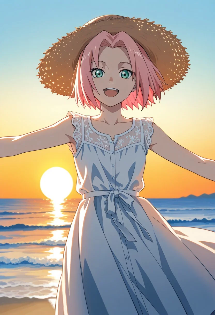 Score_9_up, score_8_up, score_7_up, source_anime, Expressiveh, perfect eyes, 1girl, solo, 1girl, haruno sakura, pink hair, short hair, green eyes, slim body,Small breasts,
white dress, sleeveless, standing, looking at viewer, sun hat, open mouth, outstretched arms, beach, happy, Sunset,
 score_9, score_8_up, score_7_up, score_6_up, score_5_up, score_4_up, masterpiece, 4K, quad HD, best quality, high quality, highres, stunning details, highly detailed, ultra detailed, extreme detail, perfect composition, very aesthetic, sharp focus, crisp details, vivid colors, soft lighting, cinematic lighting, dynamic lighting, volumetric lighting, sharp contrast, smooth shading, intricate details, cinematic color grading, clear details, harmonious composition, vibrant colors, ambient lighting, anime-style illustration, vibrant and expressive, ultra-detailed, high-resolution, smooth shading, cel shading, vivid anime colors, best quality, intricate details, elegant pose, cinematic lighting, dynamic composition, anime fantasy background, soft glow, dreamy atmosphere, stunning character design, expressive eyes, 4K HD, anime artstation trending,, ansrd