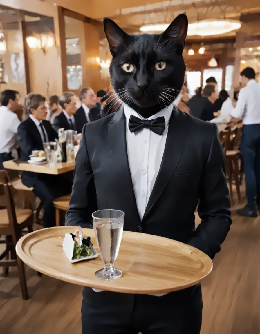 serxyz drinksdrinks , front view , (cat in suit) with a tray in a crowded restaurant <lora:Serving:1>