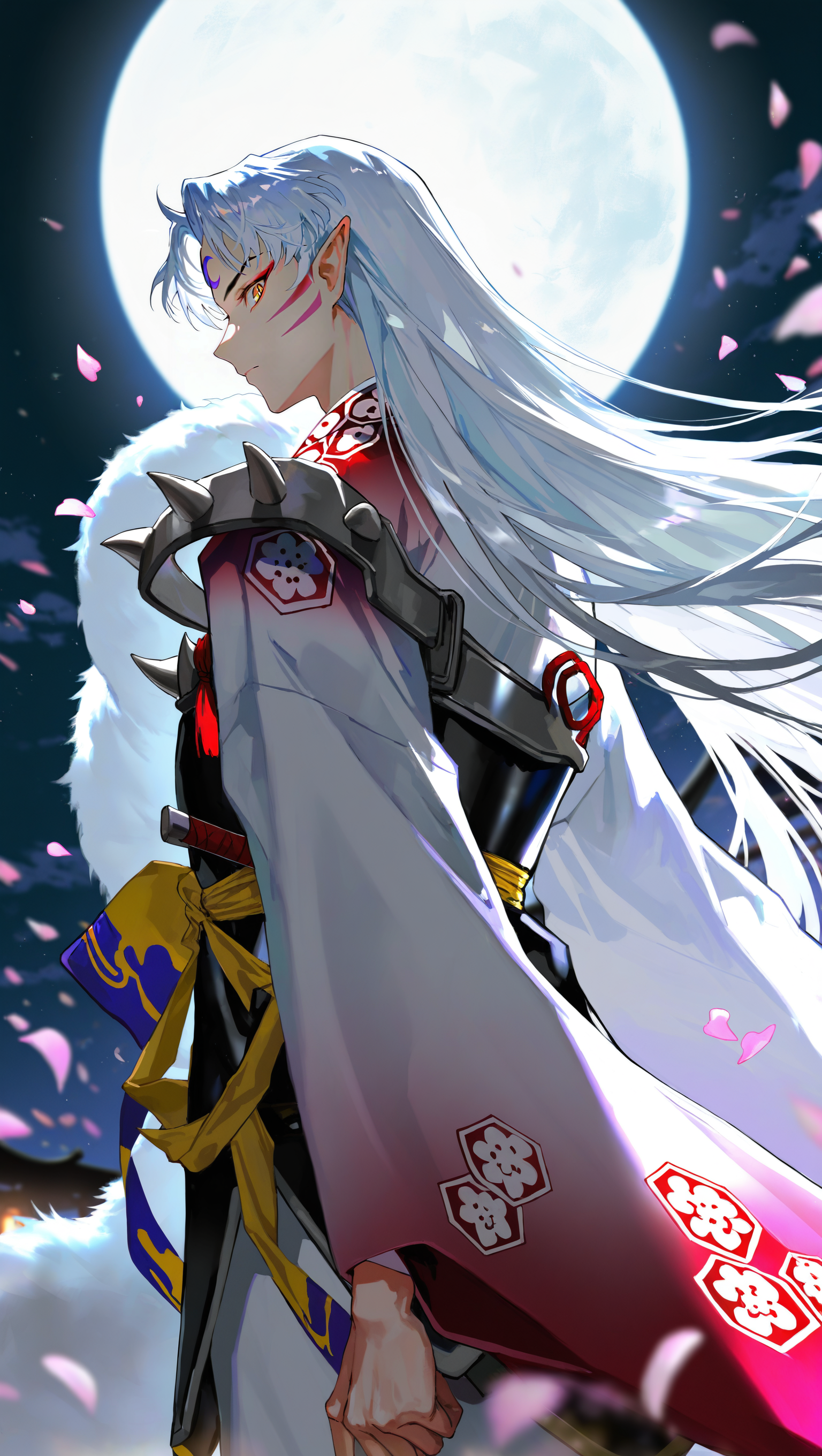 (artist:[diyokama|fuzichoco|yoneyama mai|lam \(ramdayo\)|quasarcake]:0.8), (takahashi rumiko \(style\):1.2),
sesshoumaru, inuyasha, 1boy, male focus, solo, yellow eyes, white hair, pointy ears, full moon, petals, looking at viewer, very long hair, armor, kimono, closed mouth, outdoors, forehead mark, looking back, crescent, night sky, profile,
dark, backlighting, depth of field, dutch angle,
masterpiece, best quality, very awa, absurdres
<lora:noobai_vpred_1_inuyasha_v1:1>
<lora:noobai_vpred_1_masterpieces_v1:1>