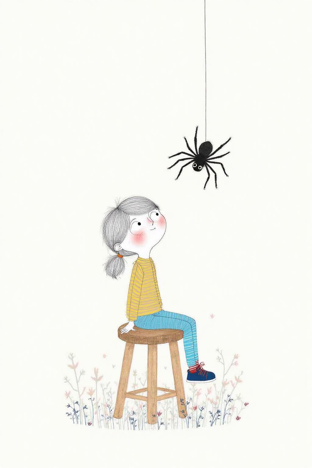 macha1 illustration. 
gawi1. A young girl sitting on a stool. She is looking up at a spider. The girl is shown in side profile, facing to the left, with her head tilted upwards and eyes looking towards the spider. She has short ponytail, styled in a messy, slightly unkempt manner, with some strands falling over her face.  <lora:macha1_cap_d6a3e12:1.0><lora:827735563676160674:0>