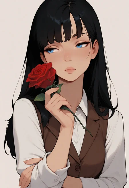 stylized, masterpiece, best quality, very aesthetic, Eleanor \(people's works\), 1girl, solo, facing viewer, looking to the side, hand up, hand on own elbow, holding rose, simple background, looking to the side, upper body