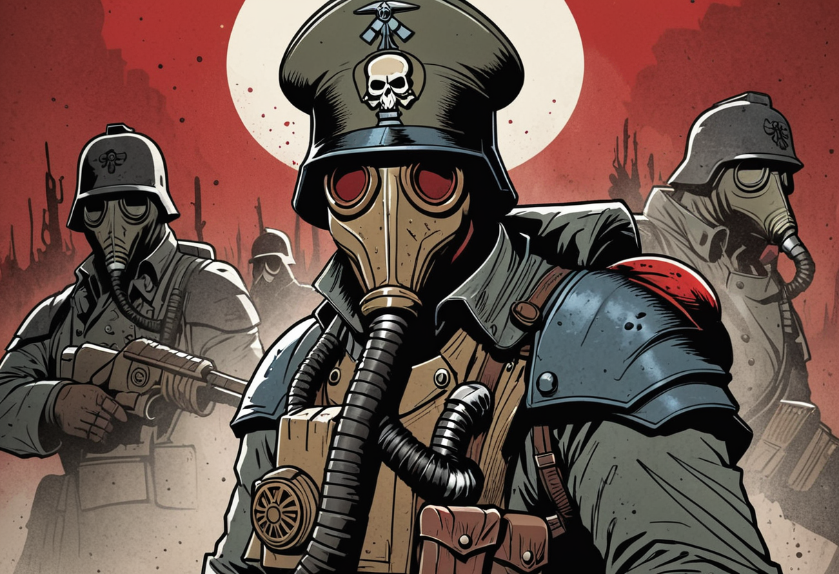 (Digital Illustration), Death Korps of Krieg Soldier, gas mask, bloody, portrait, dynamic composition, comic book \(style\), bold lines, focus on dramatic shading, red splashes, (lineart), linear, limited color palette, extremely detailed,
 <lora:Death-Korps-000007:1>