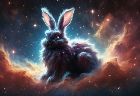 a big fluffy bunny that looks at you with its big round eyes.
It has black fur which shimmers in space colors when you see it in the sun.
The bunny lies on its belly with its paws in front of its head while it looks at you expectantly for you to stroke it