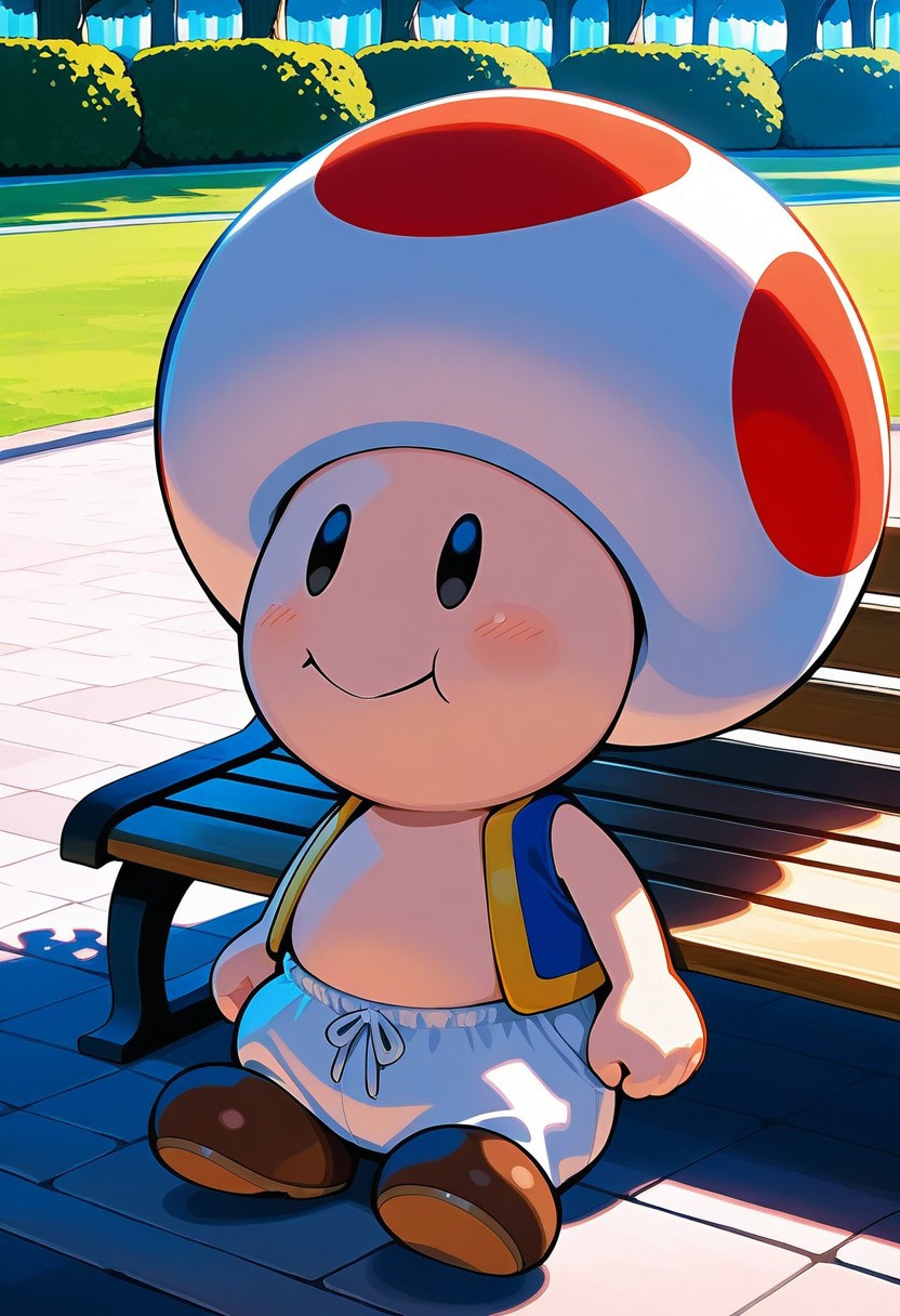 score_9, score_8_up, score_7_up, masterpiece, best quality, amazing quality, ToadCharacter, 1boy, solo, mushroomhat, black eyes, vest, white pants, brown shoes, sitted, bench, park
