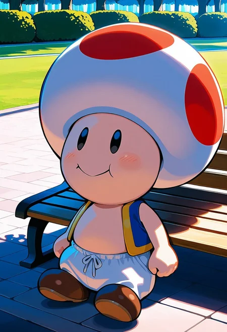 score_9, score_8_up, score_7_up, masterpiece, best quality, amazing quality, ToadCharacter, 1boy, solo, mushroomhat, black eyes, vest, white pants, brown shoes, sitted, bench, park