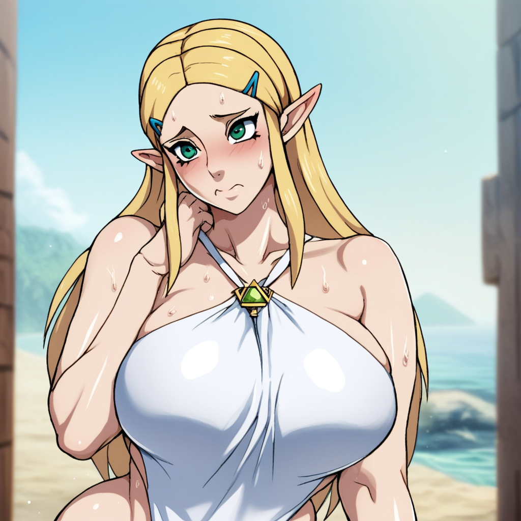 source_anime, colorful, score_9, score_8_up, score_8, 1girl, Princess Zelda, N4RUH05TYL3, BREAK, 1woman, long hair, milf, (detailed face), (detailed skin), detailed eyes, curvy, perky breasts, shy, averting_eyes, full-face_blush, shiny skin, sweat, swimsuit,