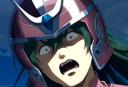 score_9, score_8_up, score_7_up, detailed background, cromartie, 1 boy, shade face, cromartie, anshun, pink sleeveless armor, long wavy green hair, pink helmet with two prongs and silver accents, (shocked:1.2), close up, (solo:1.0)