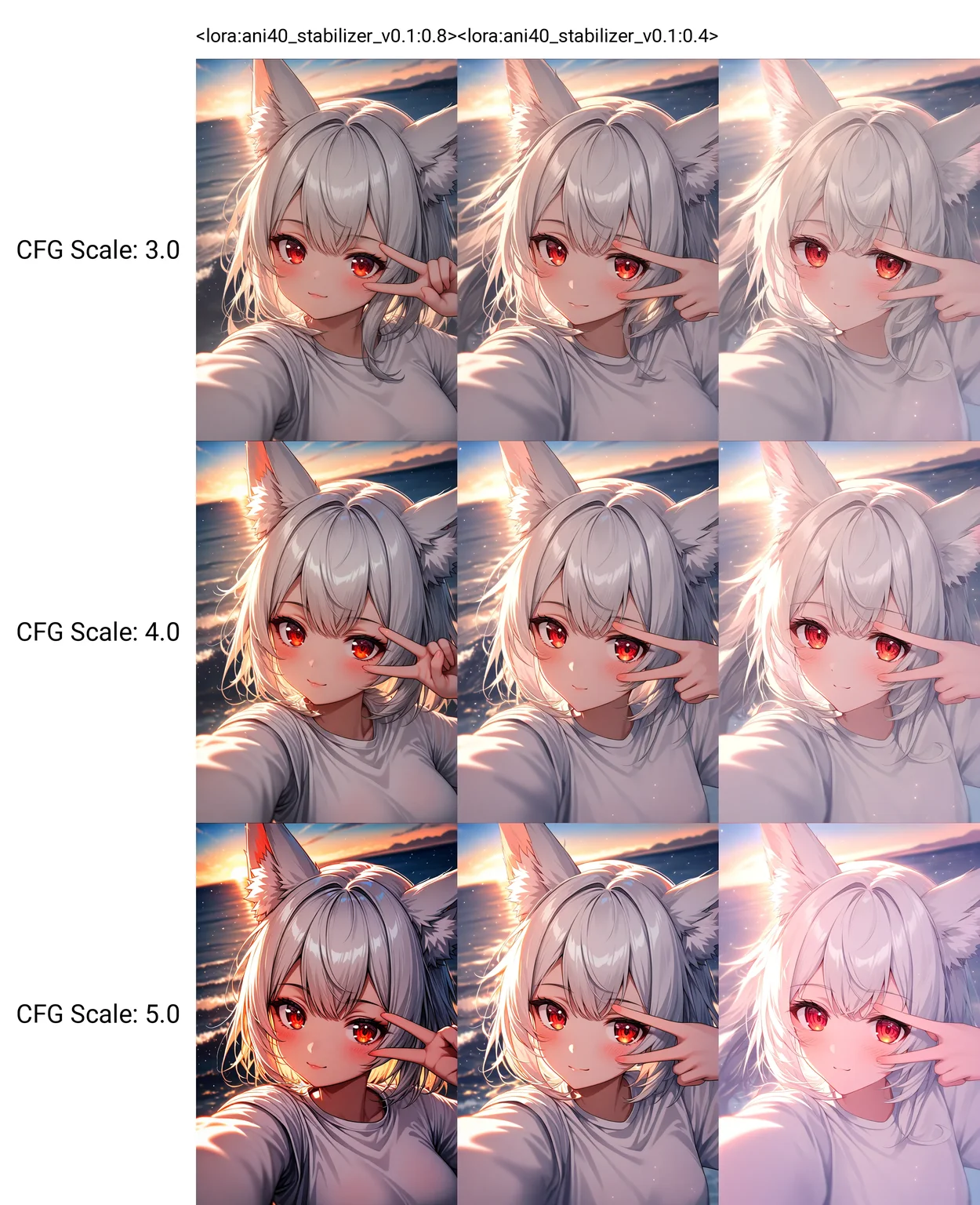 <lora:ani40_stabilizer_v0.1:0.8>1girl,fox ears,white hair,red eyes,upper body,white shirt,selfie,v over eye,sunrise,ocean,light particles,masterpiece,best quality,
