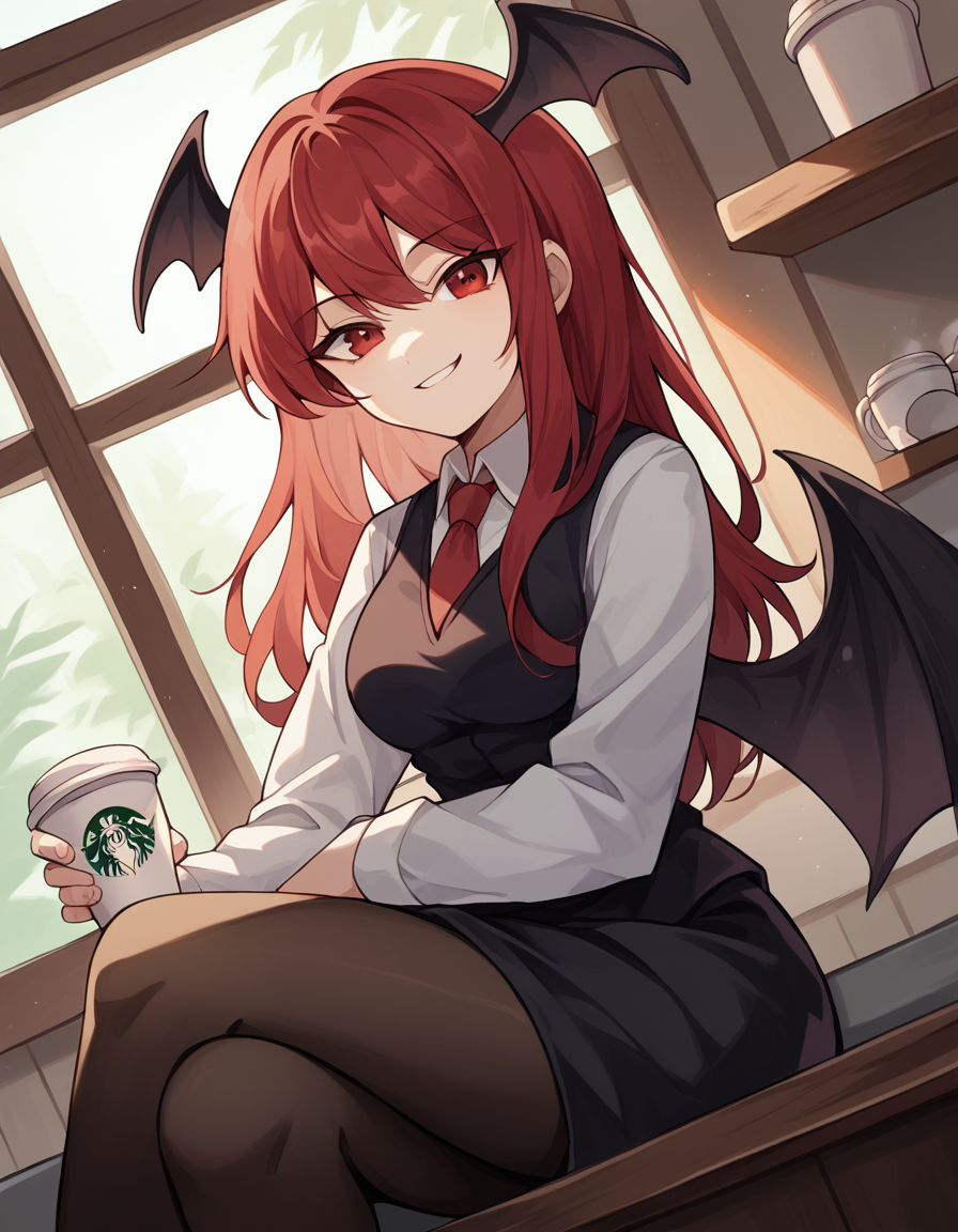 score_9, score_8_up, score_7_up, source_anime, <lora:koakuma-ponyxl-lora-nochekaiser:1>, koakuma, red eyes, red hair, long hair, sidelocks, medium breasts,, bat wings, black dress, black pantyhose, black skirt, black vest, dress, head wings, long sleeves, multiple wings, necktie, pantyhose, red necktie, shirt, skirt, vest, white shirt, wings,, cafe, coffee cup, barista, sitting down, talking, relaxing, sunlight through window, , smug, looking at viewer, solo,, dutch angle, cowboy shot