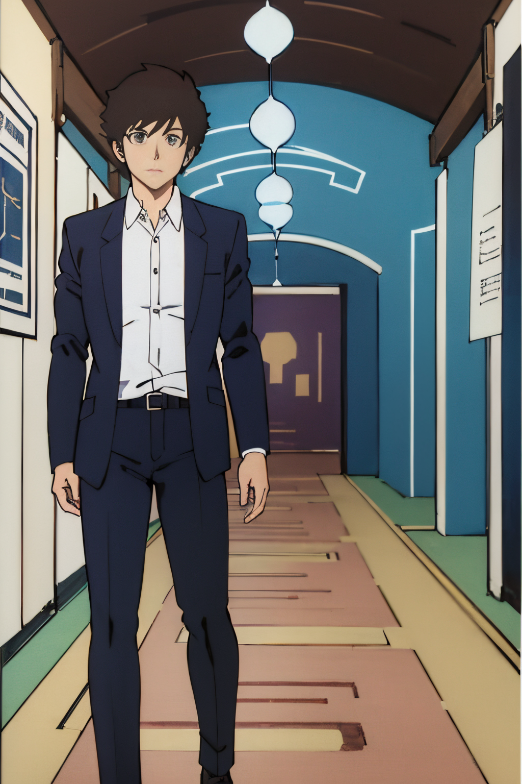 full body shot, solo, 1boy, short hair, blue eyes, brown hair, Black suit, white dress shirt, and black leather shoes, retro artstyle, style parody, anime coloring, A magical, mystical underground labyrinth filled with hidden treasures and artifacts., <lora:EdobUruseiYatsuraAtaru_v1.0:0.8>
