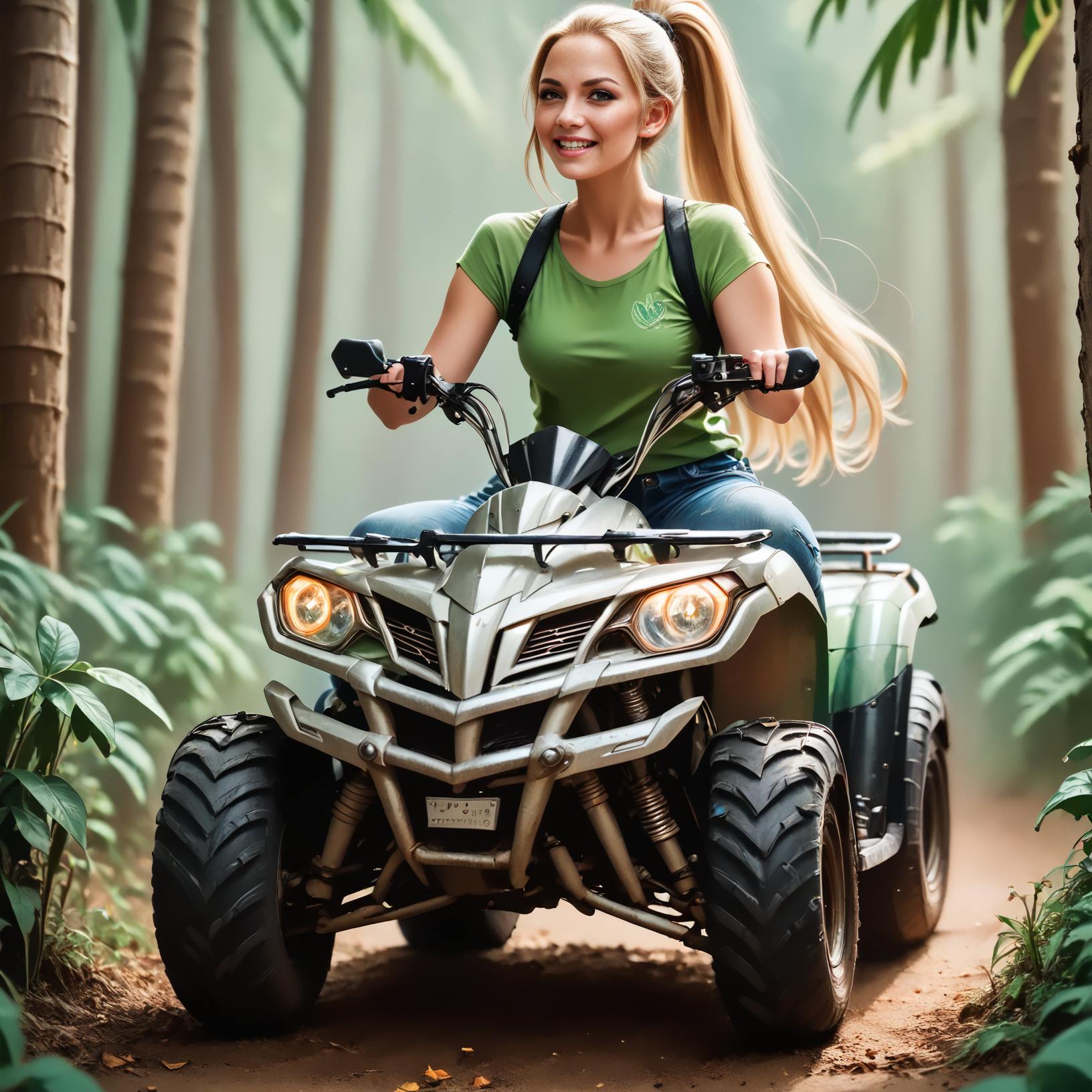 score_9, score_8_up, score_7_up, riqua (front view) , (slim 25yo female) riding a quad. green shirt and jeans shorts, sneakers , long blonde ponytail  <lora:RideQuadPony:1>
