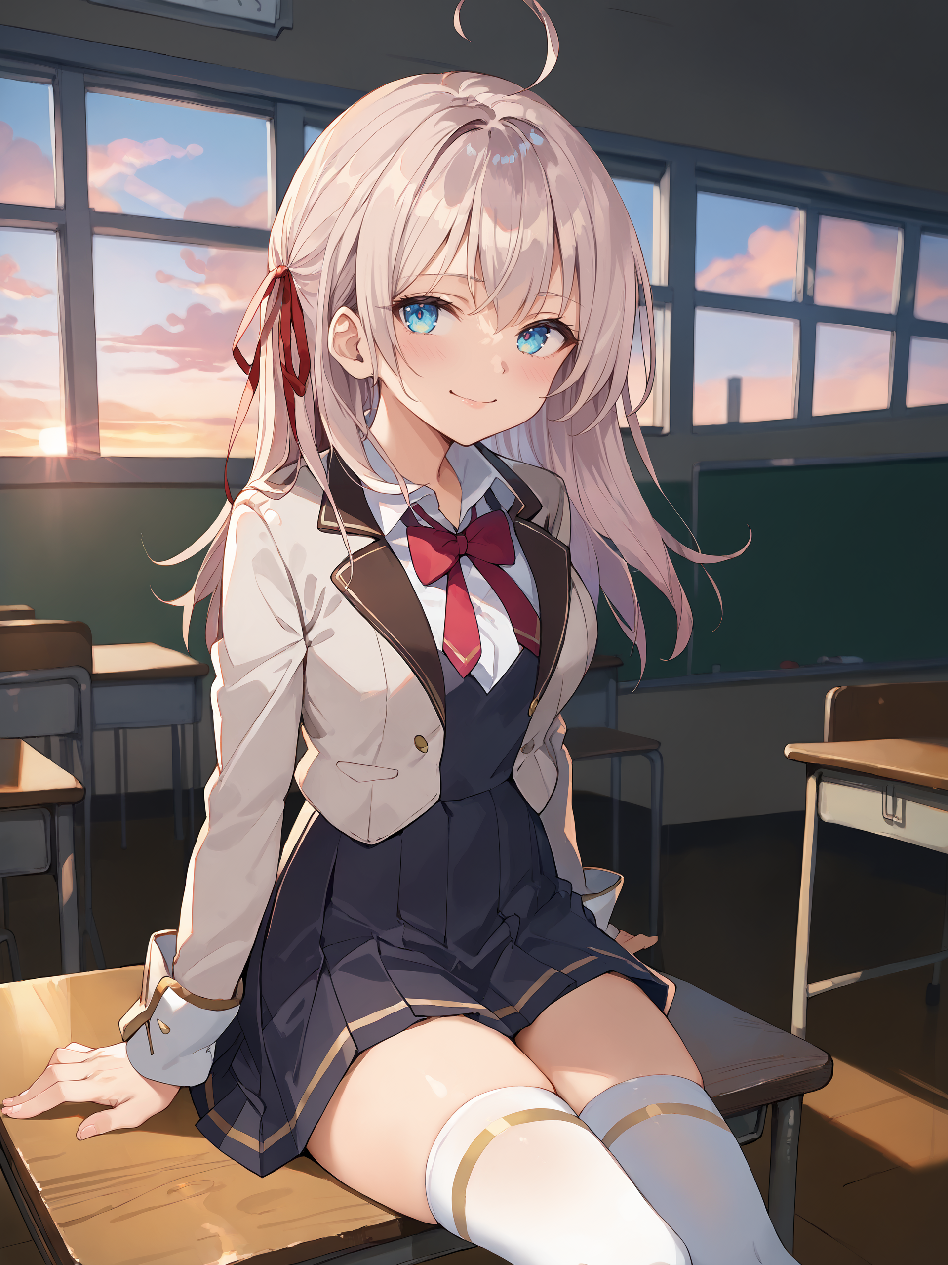 score_9, score_8_up, score_7_up, source_anime, 1girl, alisa mikhailovna kujou, hair ribbon, solo, white thighhighs, pleated skirt, collared shirt, bowtie, smile, hair ribbon, blazer, vest, sitting on desk, looking at viewer, gasping, ecstasy, blush, wavy mouth, sunset, classroom, window, backlighting, depth of field  <lora:Char-Alis_Mikhailovna_Kujou-pony-V1:1>