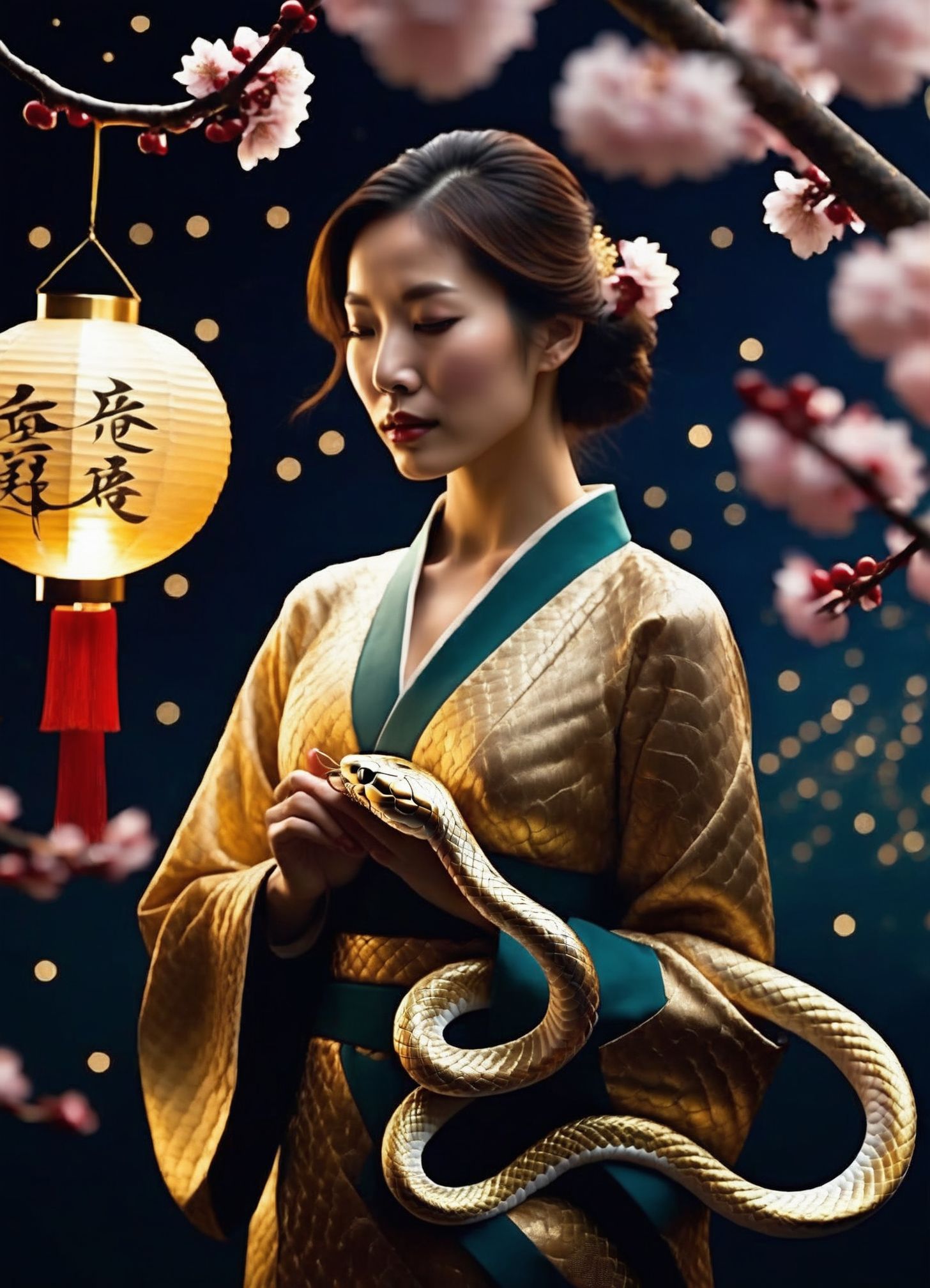 yearofthesnake, ("2025" text:1.1), woman, gold snake, close-up, Chinese calligraphy, cherry blossom tree, (fireworks background), dreamscape, constellations, galaxy
<lora:yearofthesnake:.7>