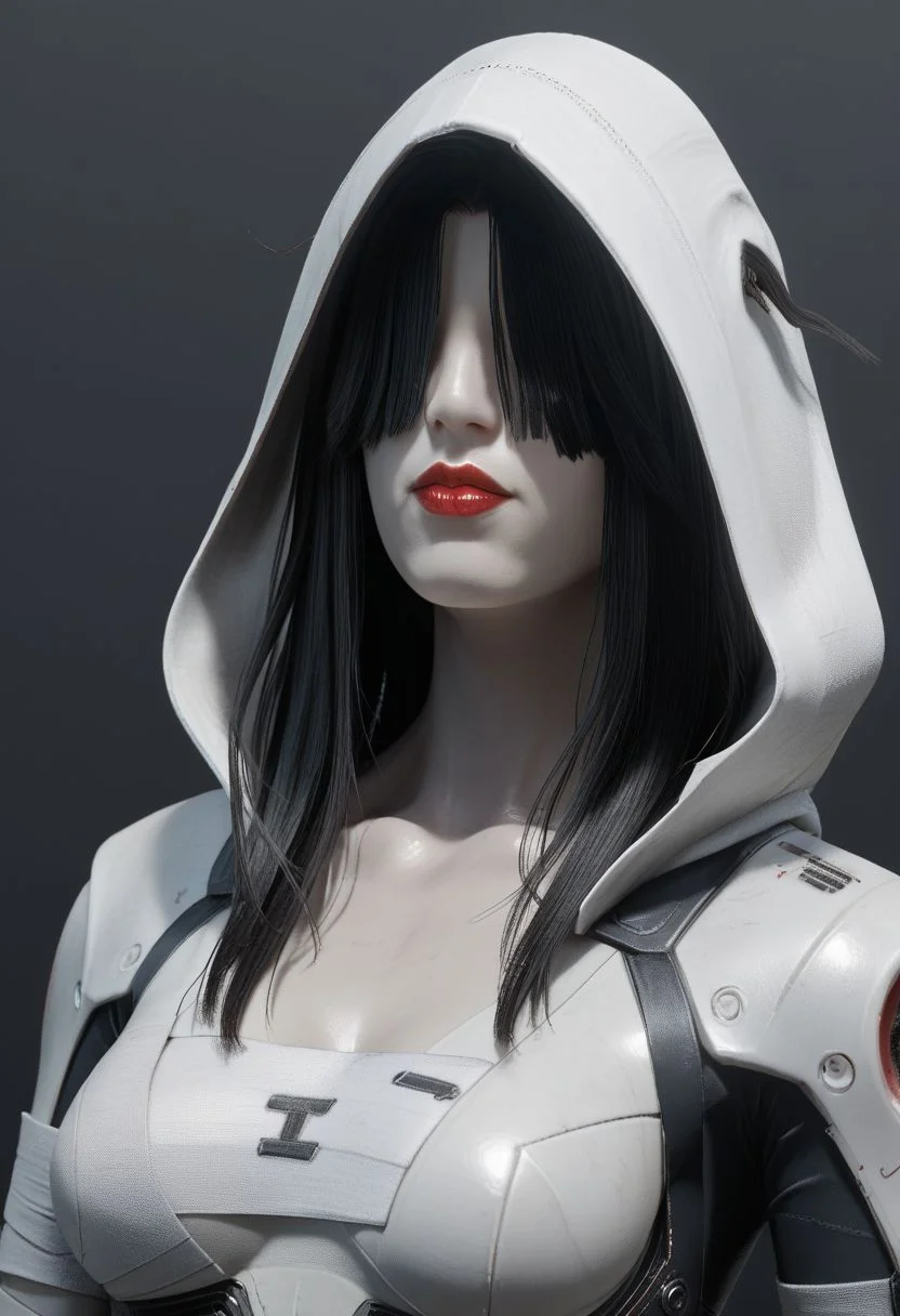 score_9, score_8_up, science fiction, exploration bodysuit, solo, 1girl, flboltxl, pale skin,black hair,hair over eyes,red lips, white bandages,hood,chest sarashi