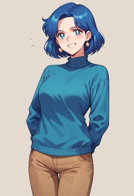 (masterpiece), best quality, a 30-year-old woman with (blue bob hair) and blue eyes, she wears a (cyan blue sweater) (long sleeves) and (brown pants), light grin, mature female, motherly, score_9, score_8_up, score_7_up, source_anime, score_9, score_8_up, score_7_up, sm90s