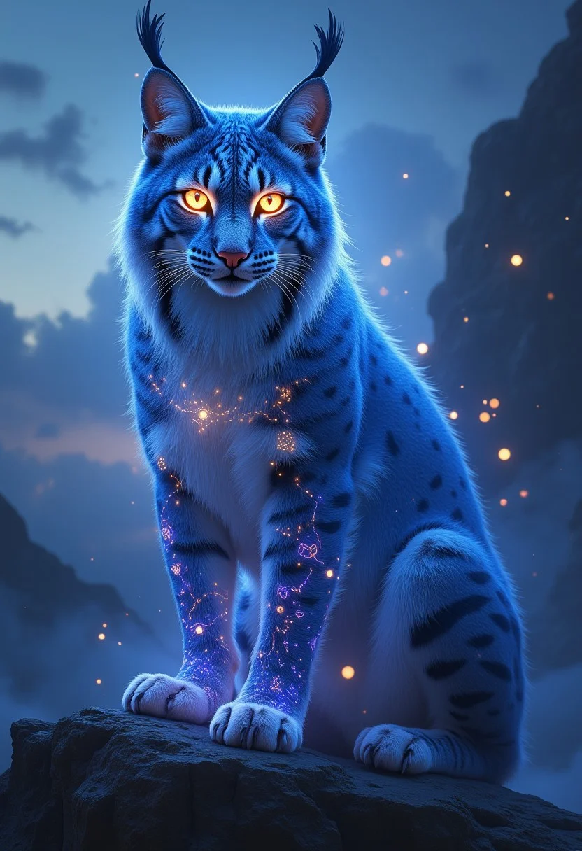 A majestic, magical lynx stands atop a rugged, misty cliff, its powerful form framed against a twilight sky. The lynx faces the viewer directly, its piercing eyes glowing with an intense, mystical light that radiates hues of deep sapphire and icy silver. Its fur glistens with an ethereal shimmer, streaked with hints of iridescent blue and violet, each strand glowing faintly as if woven with magic. Intricate, enchanted symbols faintly illuminate along its muscular frame, pulsing in rhythm with the energy that seems to flow from its being. Tiny, floating orbs of light dance around it, casting a soft, magical glow across the scene, while the lynx's powerful gaze holds a mesmerizing blend of wisdom and raw, untamed magic, as if peering directly into the viewer's soul.