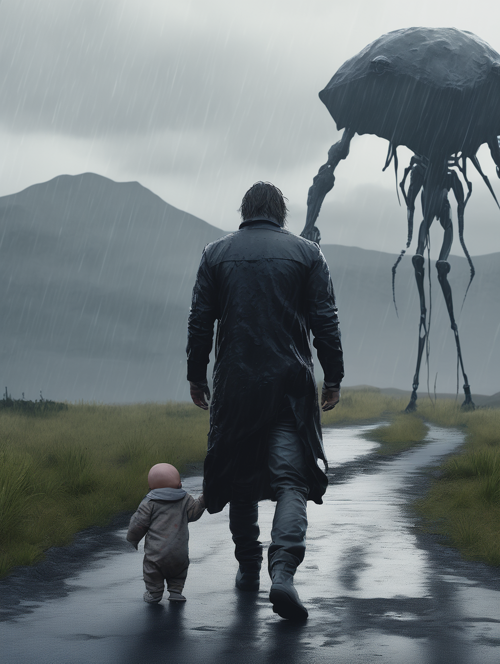 <lora:Death Stranding:1>Death Stranding - death stranding Norman Reedus protecting a tiny baby walking on a rainy landscape and a black ghost siluete intricate monster in background Ayami kojima style cinematic photographic quality ultra hd ultra hd