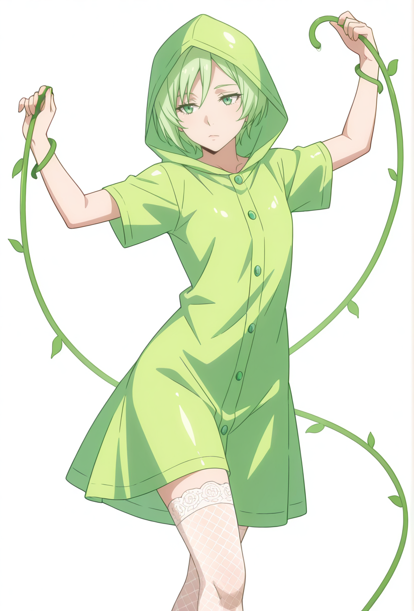Smooth Quality,masterpiece,very intricate, high quality details, ultra realistic, high detailed skin,detailed enviorement,absurdres,
simple background, white background,solo,
front view,bored,dancing, 
t-shirt, ,raincoat,  ,lace thighhighs,  , <lora:Trya_CNR:0.7> trya_cnr, 1girl,green hair, short hair, green eyes, androgynous, vines,