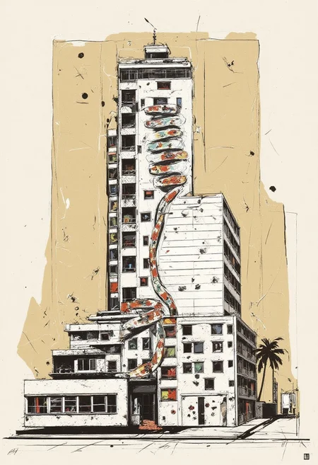 By Martin French. A digital illustration of a building with a sn4k3 design. the background is a simple, abstract design with beige and white colors.