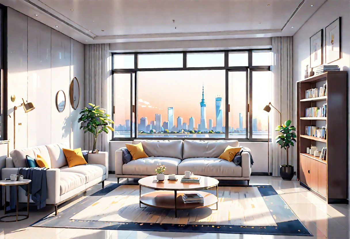 ((front view)), Shallow scene, ((animation style)), modern-style interior, with white walls, (large windows), a  study, Sofa, coffee table, bookcase, single wall, 
warm light morning sun, (City high-rise building scenery)