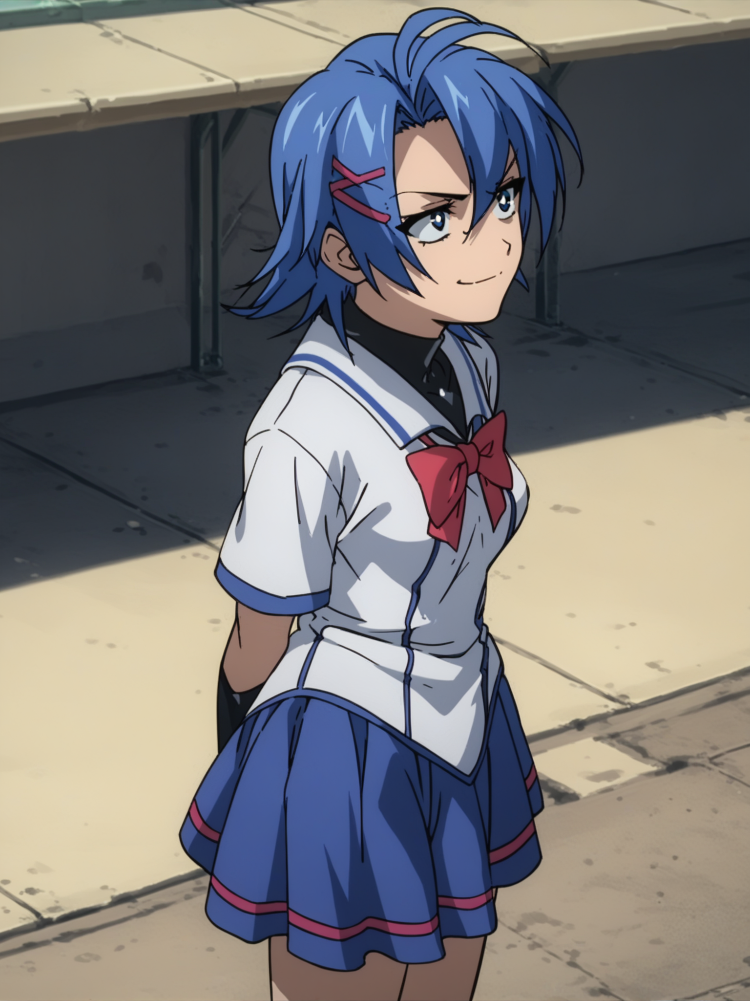<lora:happy_tentacle-junko-v0.2:1>, ht_junko, blue hair, school uniform, school , 1girl, solo, cowboy shot, thighs , (unusually open eyes :1.2) , ( annoyed , evil smile :1.1), looking up , from back , score_9, score_8_up, score_7_up, score_6_up, score_5_up, score_4_up