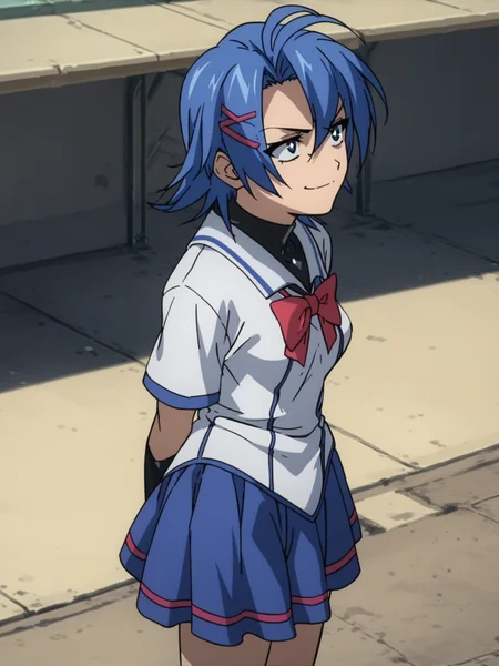 <lora:happy_tentacle-junko-v0.2:1>, ht_junko, blue hair, school uniform, school , 1girl, solo, cowboy shot, thighs , (unusually open eyes :1.2) , ( annoyed , evil smile :1.1), looking up , from back , score_9, score_8_up, score_7_up, score_6_up, score_5_up, score_4_up