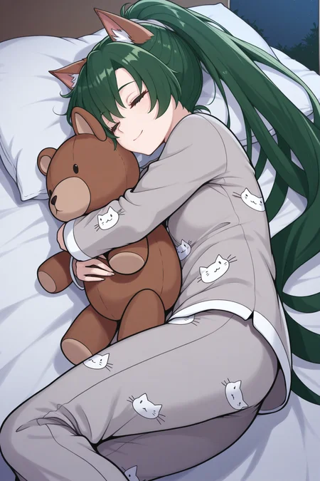 masterpiece, best quality, 1girl, solo, <lora:felyn-illu-nvwls-v1-000006:1> baseLd, green hair, high ponytail, very long hair, grey pajamas, cat print pajamas, sleeping, cat ears, closed eyes, hugging teddy bear, pillow, bed, smile, night, dark