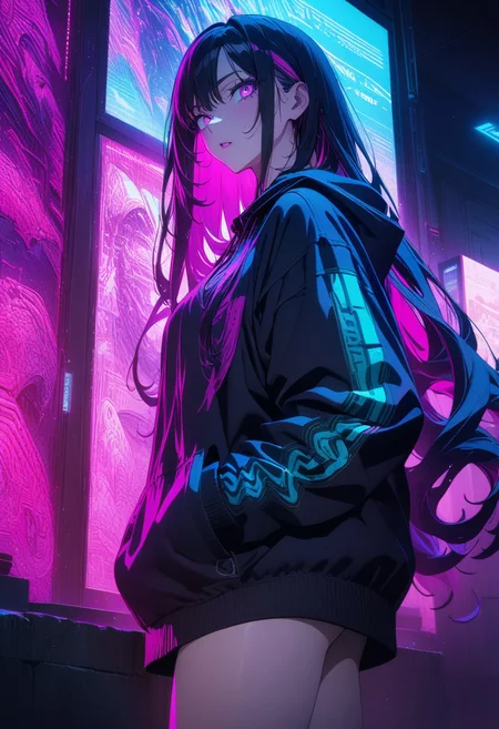 gorgeous lips, (masterpiece), (best quality), (ultra-detailed), very aesthetic, illustration, perfect composition, intricate details, absurdres, detailed face, (anime, masterpiece, intricate:1.3), (best quality, hires textures, high detail:1.2), (4k),(incredibly detailed:1.4)
long hair, (two tone hair, cyan:magenta:1.0), legs, hoodie, hands in pocket, neon light, cyberpunk, leaning against wall, looking away from viewer, side shot, beautiful detailed landscape, ,newest, intricate details,perfect anatomy, cyan theme, magenta theme, Japanese pop art style