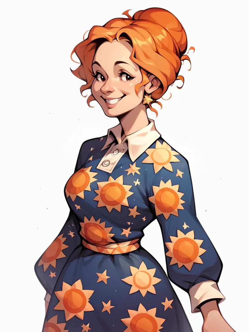 score_9, score_8_up, score_7_up, score_6_up, score_5_up, <lora:msfrizzleXLP:0.8> ms frizzle, orange hair, 1girl, solo, smile, single hair bun, print dress, curvy, white background,