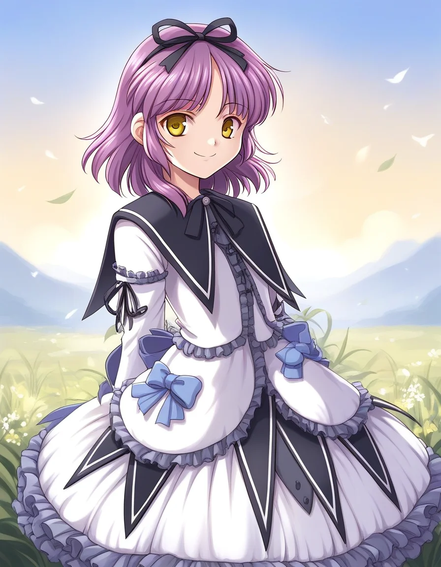 score_9, score_8_up, score_7_up, source_anime, rating_explicit, BREAK <lora:Renne_Bright_XL:1> Renne_Bright, purple hair, medium hair, yellow eyes, hair ribbon, black ribbon, short stack,
1girl, solo, smile, ribbon, dress, bow, frills, white dress, skirt, long sleeves,
blue sky, outdoor,
smile,
looking at viewer,
cowboy_Shot,