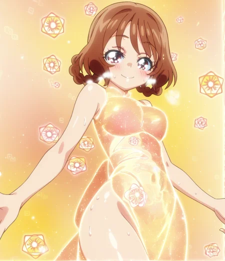 score 9, score 8 up, score 7 up, detailed background, shiny skin,
<lora:cureyumyum.pony:1>,
hanaran, transform,
half-closed eyes, seductive smile, heavy blush, heavy breathing, sweat,
large breasts, wide hips, pantyshot,