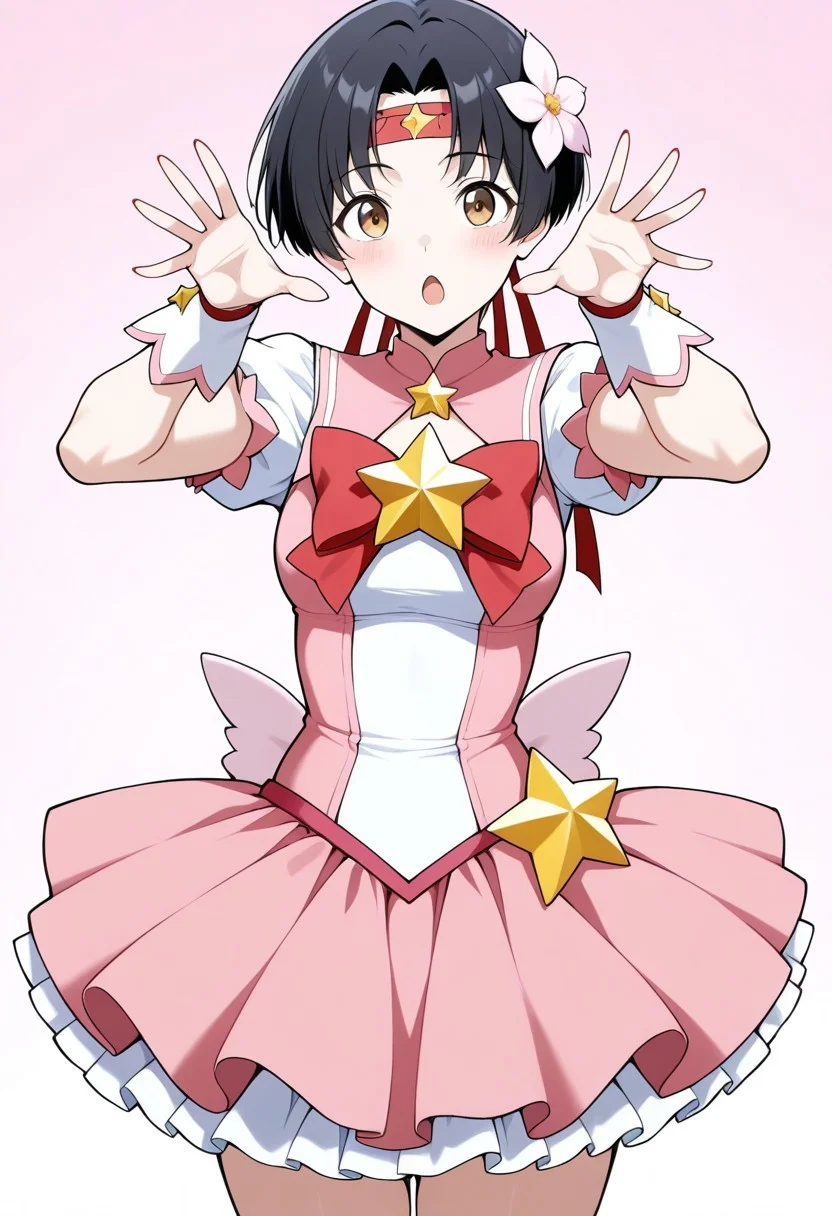 masterpiece, best quality, ultra-detailed, absurdres, newest, anime_screencap, anime_coloring, 1girl, solo, linroninsoul, black hair, very short hair, parted bangs, hair flower, headband, brown eyes, Jedmgo, magical outfit, frilly skirt, star motifs, hand signs, open mouth, :o, cowboy shot,