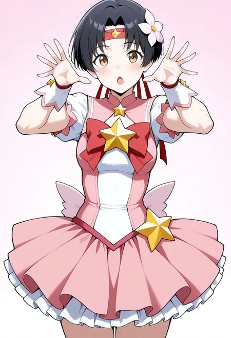 masterpiece, best quality, ultra-detailed, absurdres, newest, anime_screencap, anime_coloring, 1girl, solo, linroninsoul, black hair, very short hair, parted bangs, hair flower, headband, brown eyes, Jedmgo, magical outfit, frilly skirt, star motifs, hand signs, open mouth, :o, cowboy shot,