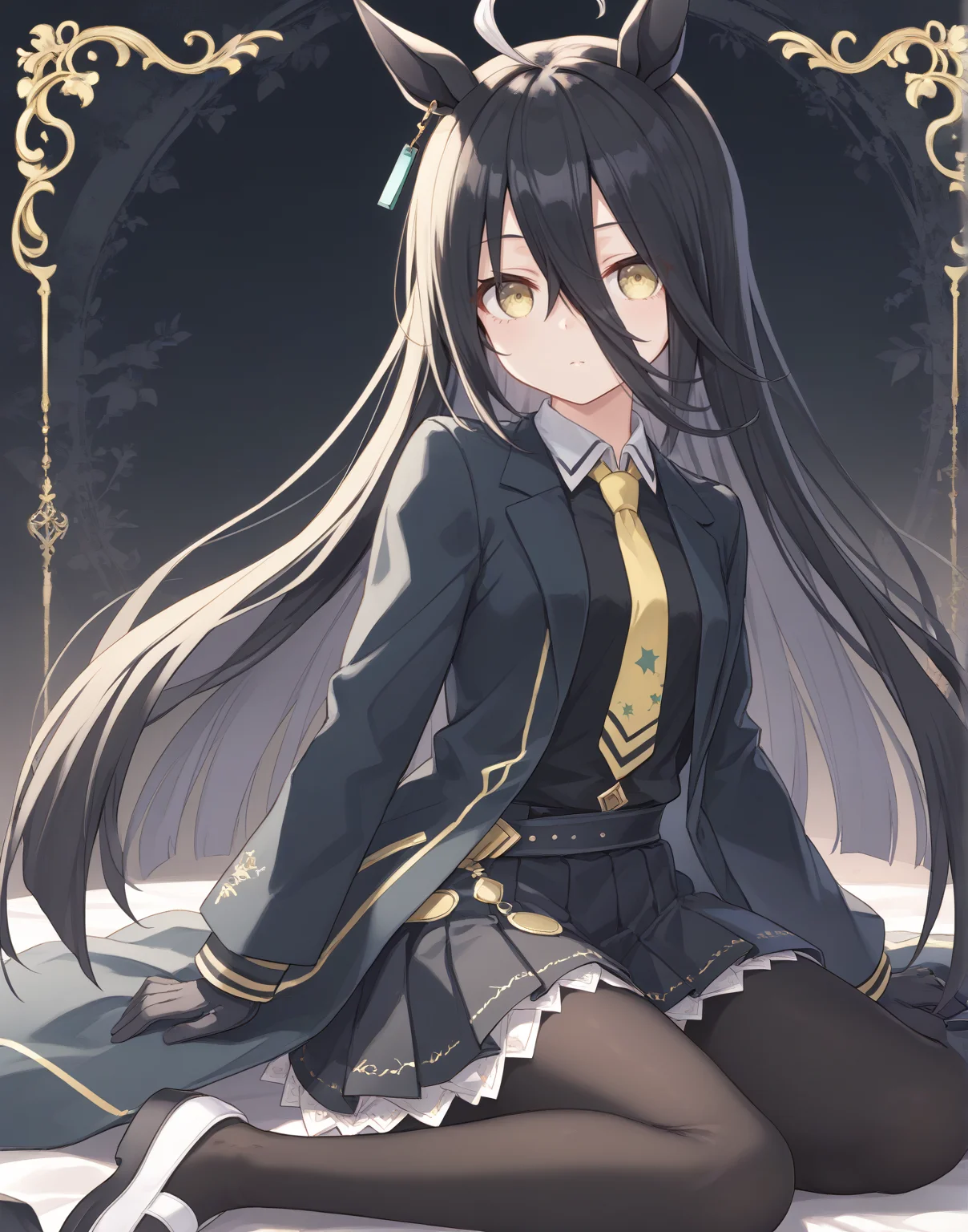 score_9, score_8_up, score_7_up, official art, masterpiece, high quality, megami magazine, official style, game cg, 1girl, (looking at viewer:1.4), (closed mouth:0.6), , expressionless, , sit astride, from side, patterned background,,
manhattan cafe (umamusume), black ahoge, animal ears, black hair, highres, tail, horse tail, horse ears, horse girl, long hair, multicolored hair, hair between eyes, yellow eyes, shirt, skirt, <lora:umamusume_manhattan_cafe_pony_v1:1>,
mht race, black skirt, earrings, single earring, jewelry, pantyhose, black pantyhose, long sleeves, very long hair, eyebrows visible through hair, eyes visible through hair, pleated skirt, long hair between eyes, gloves, black gloves, black jacket, collared shirt, jacket, necktie, yellow necktie, coat, black coat, black shirt, white footwear,