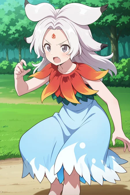 absurdres, highres, masterpiece, best quality, amazing quality, official anime artwork, screencap, anime screencap, outdoors, dynamic pose, 
 <lora:Chimi-Houjuu_Illustrious:1> houjuu chimi, 1girl, solo, grey eyes, white hair, long hair, parted bangs, v-shaped eyebrows, fang, forehead mark,, collarbone, green vest, blue dress, sleeveless dress, leaf clothing, red leaf, barefoot,
