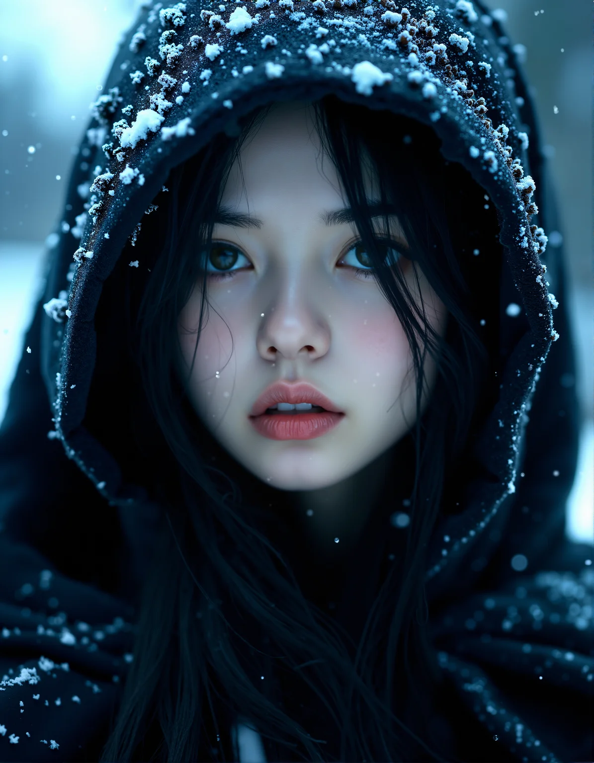 Photorealistic close-up of a mysterious woman in a dark, snow-dusted cloak, her pale skin and pink lips standing out against the cold, wintry background, with her eyes reflecting the soft light of the snow-covered landscape



cinematic lighting, extremely intricate detail character, accurate depiction of character, correct body anatomy, correct hands and fingers, extremely intricate skin and facial skin texture detail, lifelike potrayal, extremely realistic lighting, extreme dynamic pose. Extremely sharp detail without blurring













