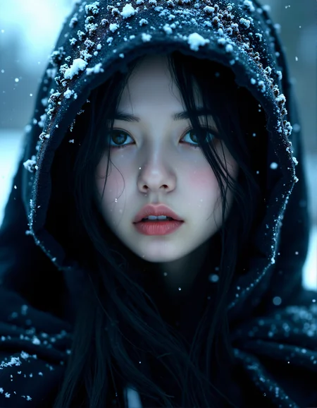 Photorealistic close-up of a mysterious woman in a dark, snow-dusted cloak, her pale skin and pink lips standing out against the cold, wintry background, with her eyes reflecting the soft light of the snow-covered landscape



cinematic lighting, extremely intricate detail character, accurate depiction of character, correct body anatomy, correct hands and fingers, extremely intricate skin and facial skin texture detail, lifelike potrayal, extremely realistic lighting, extreme dynamic pose. Extremely sharp detail without blurring













