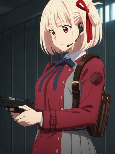 <lora:Chisato_Nishikigi:0.8>,nishikigi_chisato, 1girl, solo, blonde short hair, red eyes, red lycoris uniform, blue neck ribbon, logo on shoulder, red hair ribbon, white collared shirt, grey skirt, backpack, earpiece, calm, neutral, closed mouth, holding gun, standing, looking down, upper body, indoors, dark