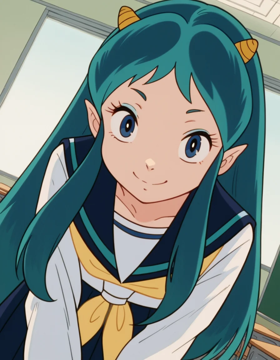 score_9, score_8_up, score_7_up, source_anime,
uruseilum, <lora:lum-anime-classic-ponyxl-lora-nochekaiser:1>
lum, long hair, bangs, blue hair, blue eyes, horns, pointy ears, aqua hair, oni horns, eyeshadow,
shirt, long sleeves, school uniform, serafuku, sailor collar, neckerchief, yellow neckerchief, shirt, blue shirt, blue sailor collar, blue skirt,
indoors, classroom, bent over, smile,
looking at viewer, dutch angle, cowboy shot