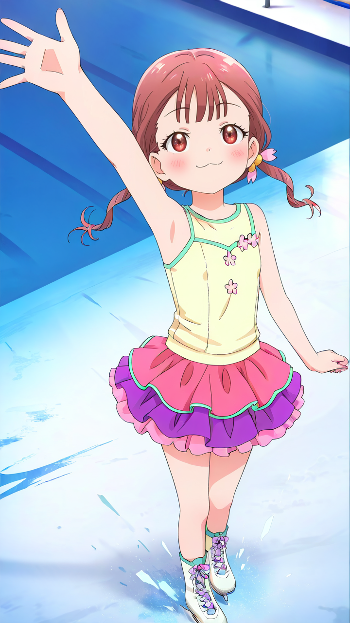 1girl,full_shot,looking_at_viewer,solo,anime screenshot,Kamoto_Suzu,smile,skater skirt,:3,ice skates,skates,arm up,standing,layered skirt,rink,little_girl,face_focus,skirt,looking_up,from_above,<lora:Kamoto_Suzu_Illustrious_v3:1>,bare shoulders,, masterpiece, best quality