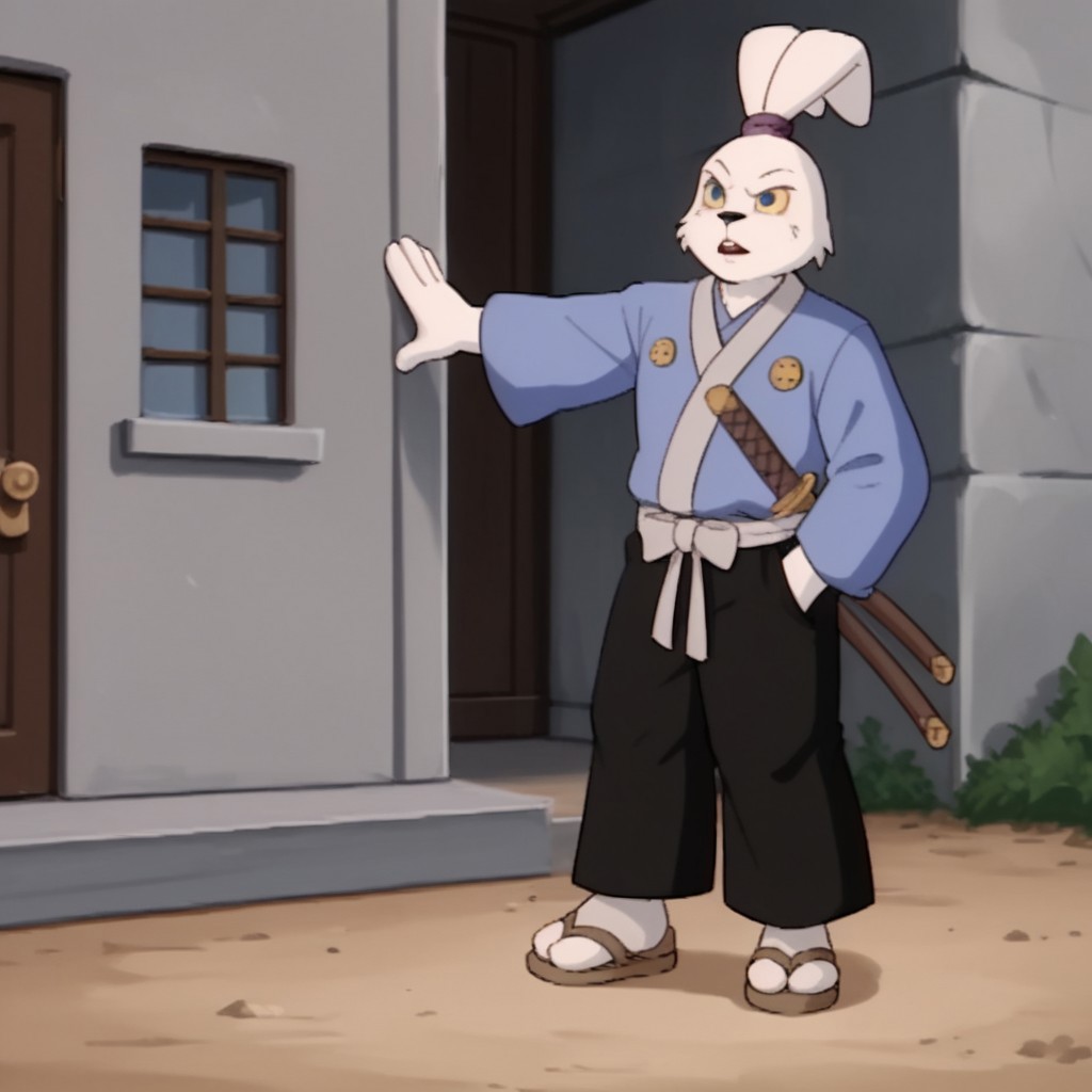 score_9, score_8_up, score_7_up, score_6_up, score_5_up, score_4_up, source_furry, Usagitmnt, anthro, male, rabbit, white fur, rabbit ears, buck teeth, blue eyes, yellow sclera, blue shirt, long sleeves, black pants, ears tied, topknot, purple hairband, socks, sandals, standing, outside, katana, sheathed, solo, 1boy