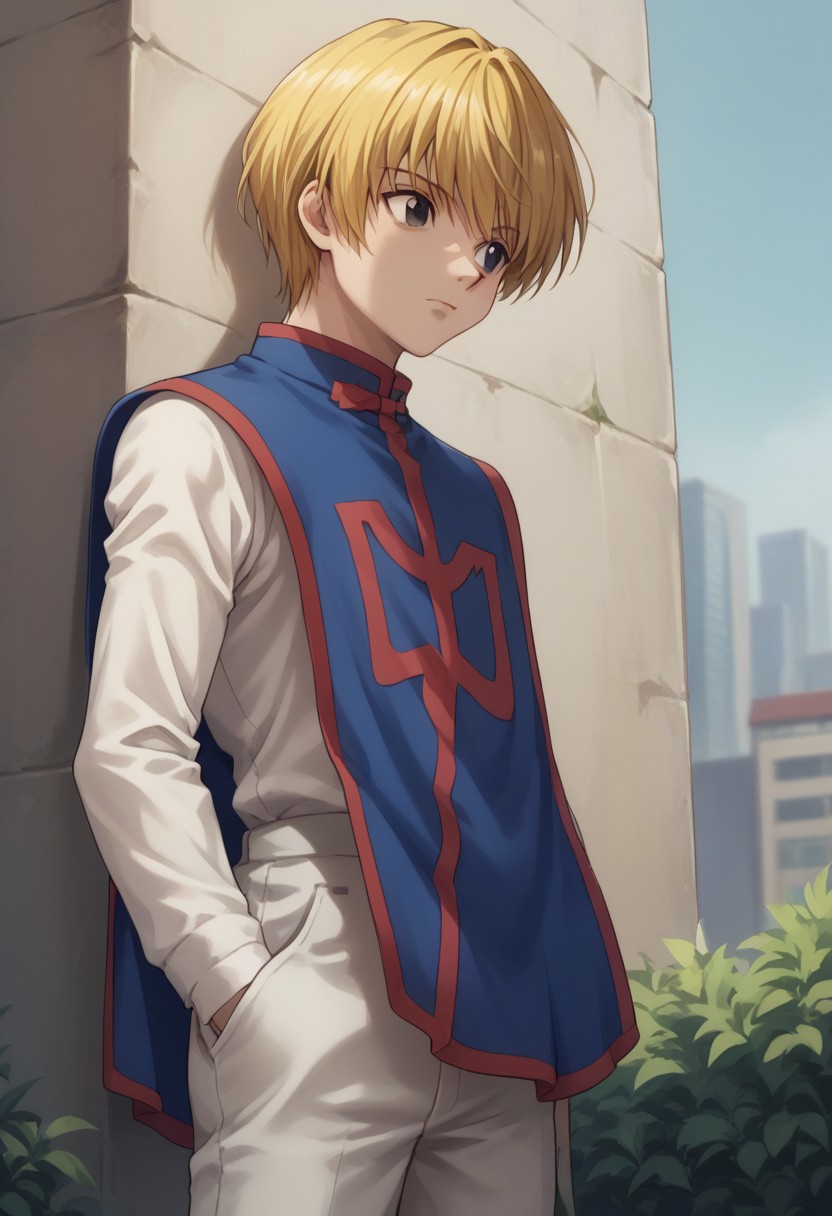 score_9, score_8_up, score_7_up, source_anime, highly detailed, 
kurapika, 1boy, male focus, solo, blonde hair, short hair, bangs, black eyes, shirt, white shirt, long sleeves, pants, white pants, tabard, blue and red tabard, upper body,
outdoor,