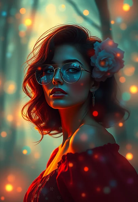 Woman, Retro illustration style, nostalgic and vintage aesthetics, inspired by design elements from past decades, evokes a sense of nostalgia and charm Prismatic Abstraction art style, features abstract compositions with a focus on light and color refraction, creating vibrant, prismatic effects and dynamic, multifaceted shapes, fine art photography, conceptual expression, evocative imagery, artistic interpretation, emotional resonance, creative composition, professional lighting, exquisite detail, immersive experience, storytelling through imagery, conveying mood, unique perspective, thought-provoking concept, capturing beauty, transcending reality, luminous mist rolling through a glowing forest, vibrant light, glowing fog, abstract patterns, mystical atmosphere, surreal nature, ethereal beauty, dynamic contrasts,