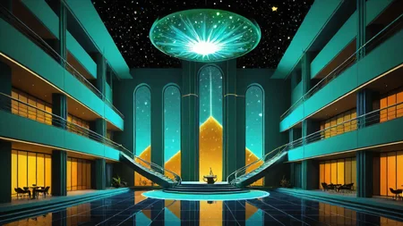 building, <lora:DonMG414XL:0.6>,  bioluminescent, DonMG414XL, architecture of a ([Space:Star:4]:1.1) , Cartoony and Smooth, [Ugandan|Palauan] indoors, Albumen, ultrasharp, beautiful elegant, magic atmosphere, great light, complex artistic color composition, highly color focused, magical composition, aesthetic, best, epic atmosphere, elegant